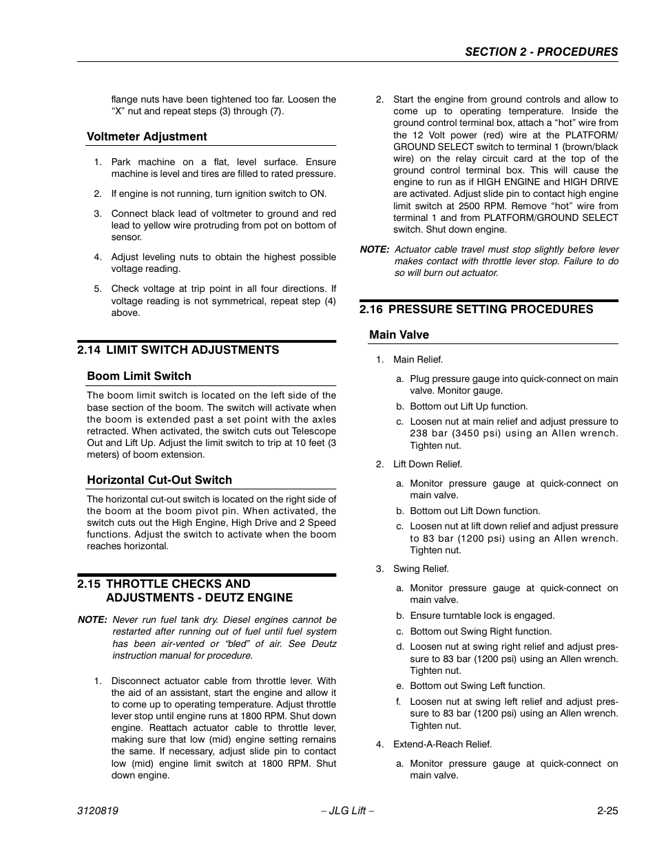 14 limit switch adjustments, 15 throttle checks and adjustments - deutz engine, 16 pressure setting procedures | Voltmeter adjustment -25, Limit switch adjustments -25, Throttle checks and adjustments - deutz engine -25, Pressure setting procedures -25, Main valve -25 | JLG 120HX Service Manual User Manual | Page 47 / 116