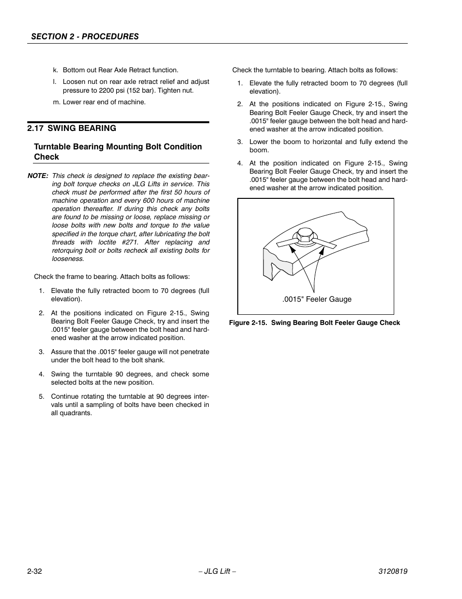 17 swing bearing, Swing bearing -32, Swing bearing bolt feeler gauge check -32 | JLG 120HX Service Manual User Manual | Page 54 / 116