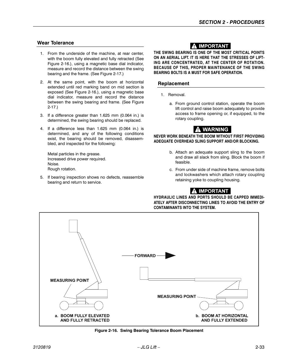 Wear tolerance -33 replacement -33, Swing bearing tolerance boom placement -33 | JLG 120HX Service Manual User Manual | Page 55 / 116