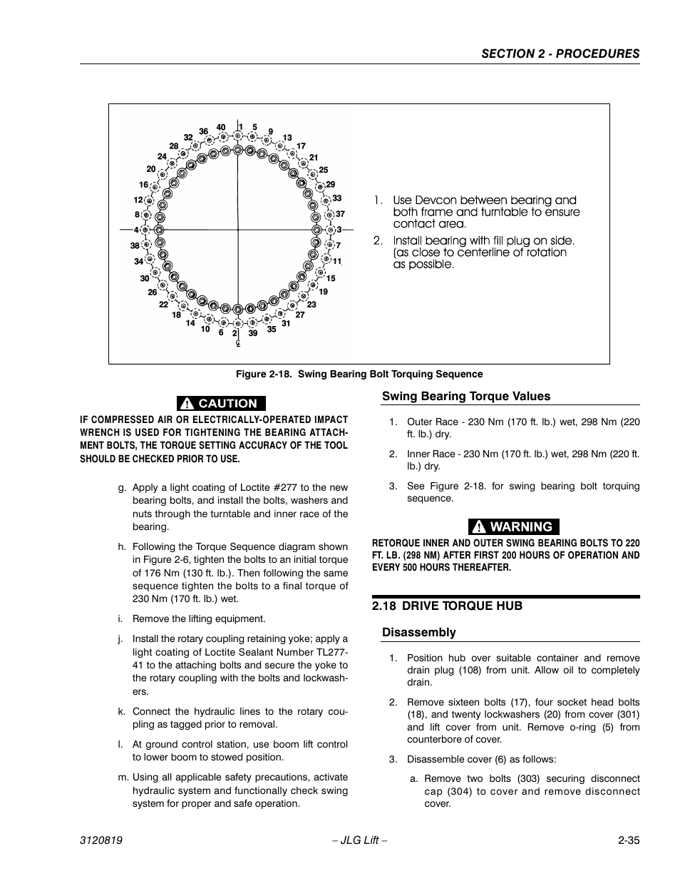 18 drive torque hub, Swing bearing torque values -35, Drive torque hub -35 | Disassembly -35, Swing bearing bolt torquing sequence -35 | JLG 120HX Service Manual User Manual | Page 57 / 116