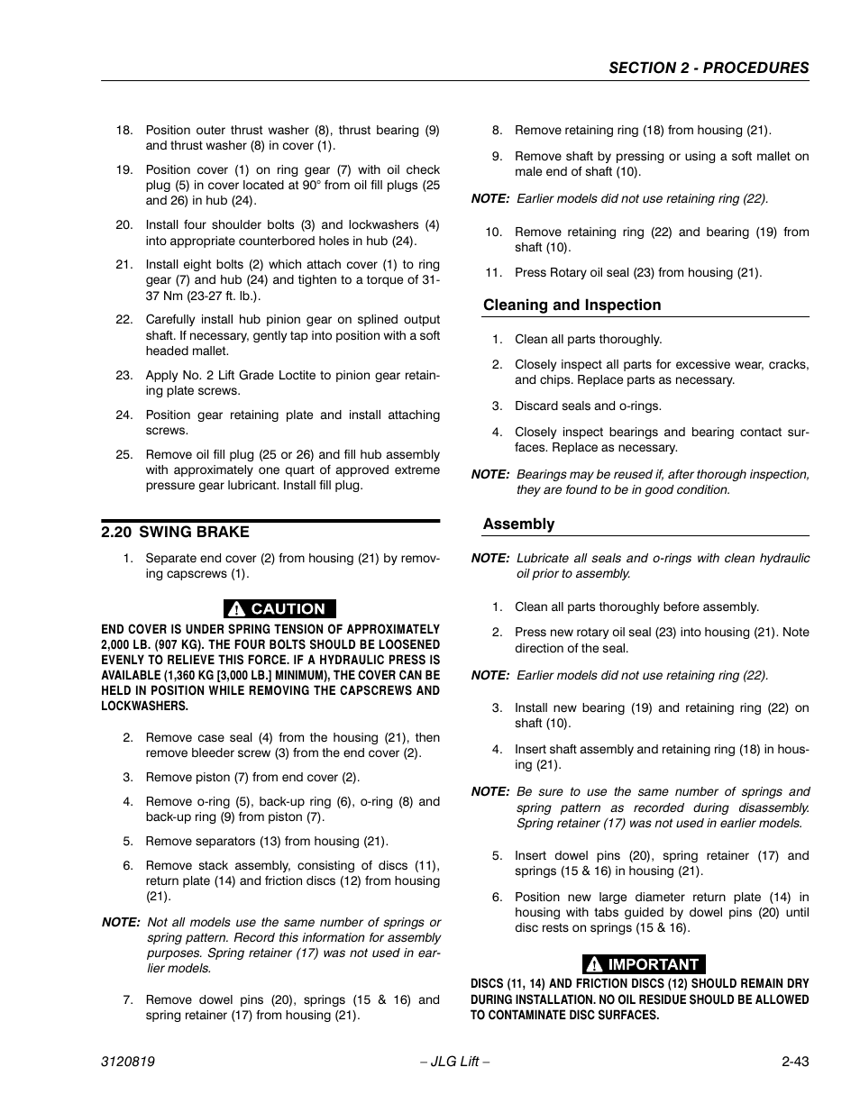 20 swing brake, Swing brake -43, Cleaning and inspection -43 assembly -43 | JLG 120HX Service Manual User Manual | Page 65 / 116