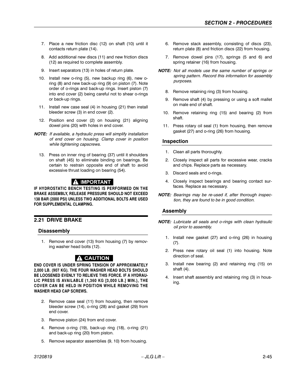 21 drive brake, Drive brake -45, Disassembly -45 inspection -45 assembly -45 | JLG 120HX Service Manual User Manual | Page 67 / 116