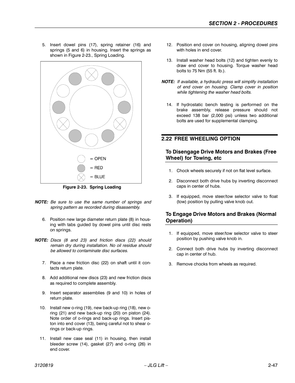 22 free wheeling option, Free wheeling option -47, Spring loading -47 | JLG 120HX Service Manual User Manual | Page 69 / 116