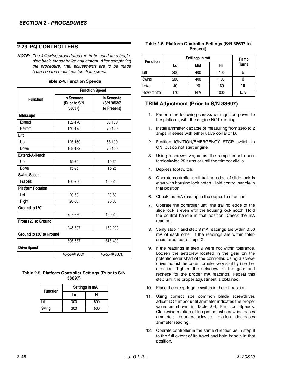 23 pq controllers, Pq controllers -48, Trim adjustment (prior to s/n 38697) -48 | Function speeds -48 | JLG 120HX Service Manual User Manual | Page 70 / 116