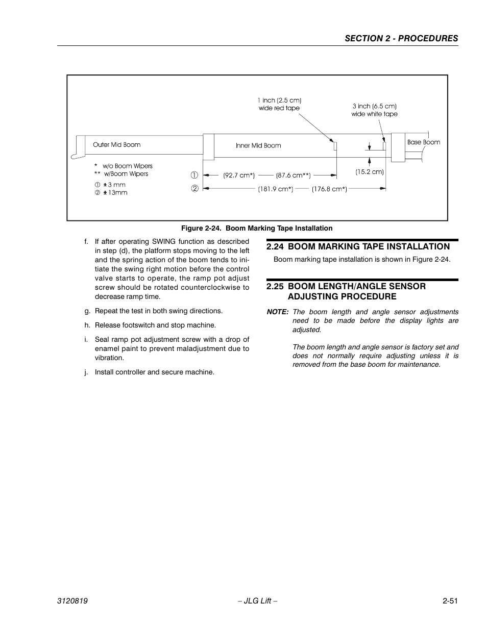 24 boom marking tape installation, 25 boom length/angle sensor adjusting procedure, Boom marking tape installation -51 | Boom length/angle sensor adjusting procedure -51 | JLG 120HX Service Manual User Manual | Page 73 / 116