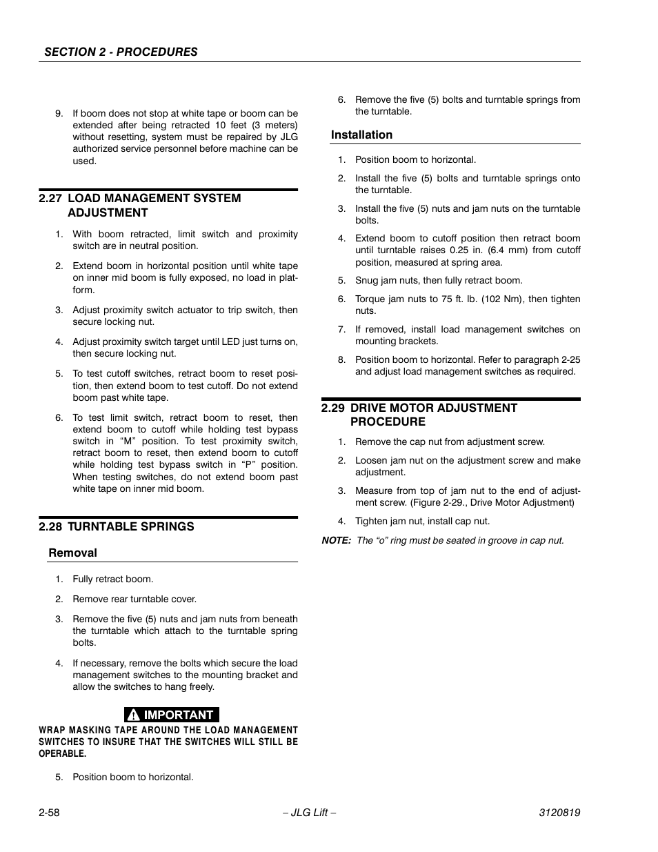 27 load management system adjustment, 28 turntable springs, 29 drive motor adjustment procedure | Load management system adjustment -58, Turntable springs -58, Removal -58 installation -58, Drive motor adjustment procedure -58 | JLG 120HX Service Manual User Manual | Page 80 / 116