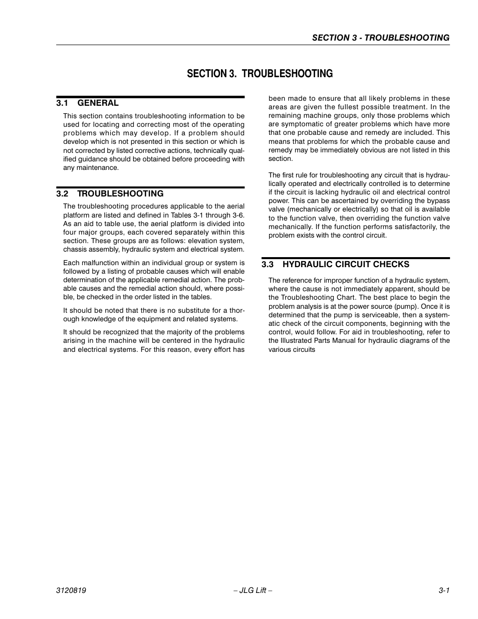 Section 3. troubleshooting, 1 general, 2 troubleshooting | 3 hydraulic circuit checks, Section 3 - troubleshooting, General -1, Troubleshooting -1, Hydraulic circuit checks -1 | JLG 120HX Service Manual User Manual | Page 87 / 116