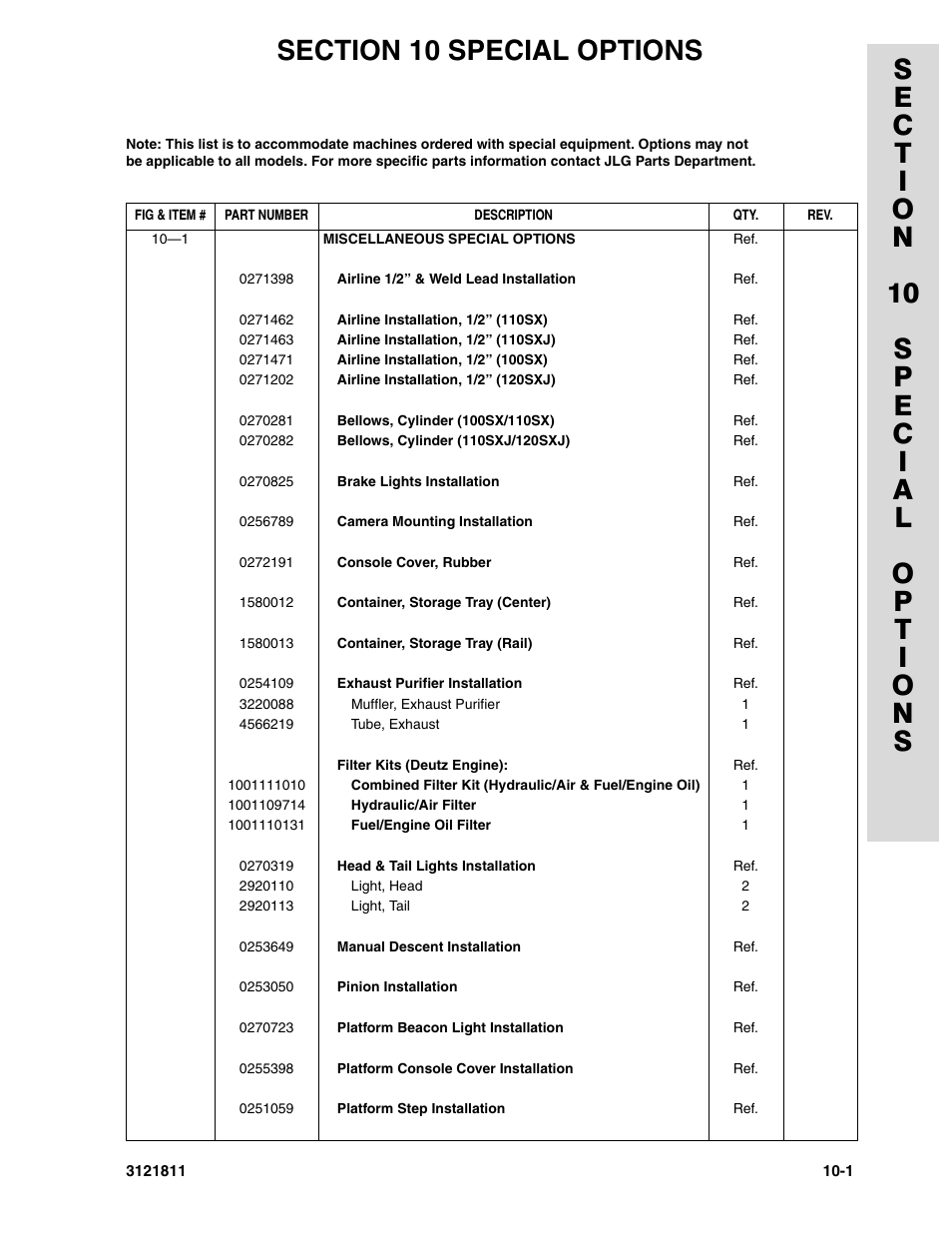 Section 10 special options | JLG 110SX Parts Manual User Manual | Page 221 / 224