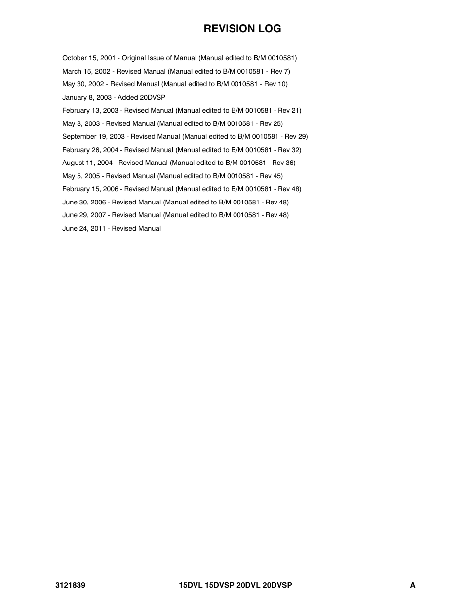 Revision log | JLG 20DVSP (3121839) Parts Manual User Manual | Page 3 / 126
