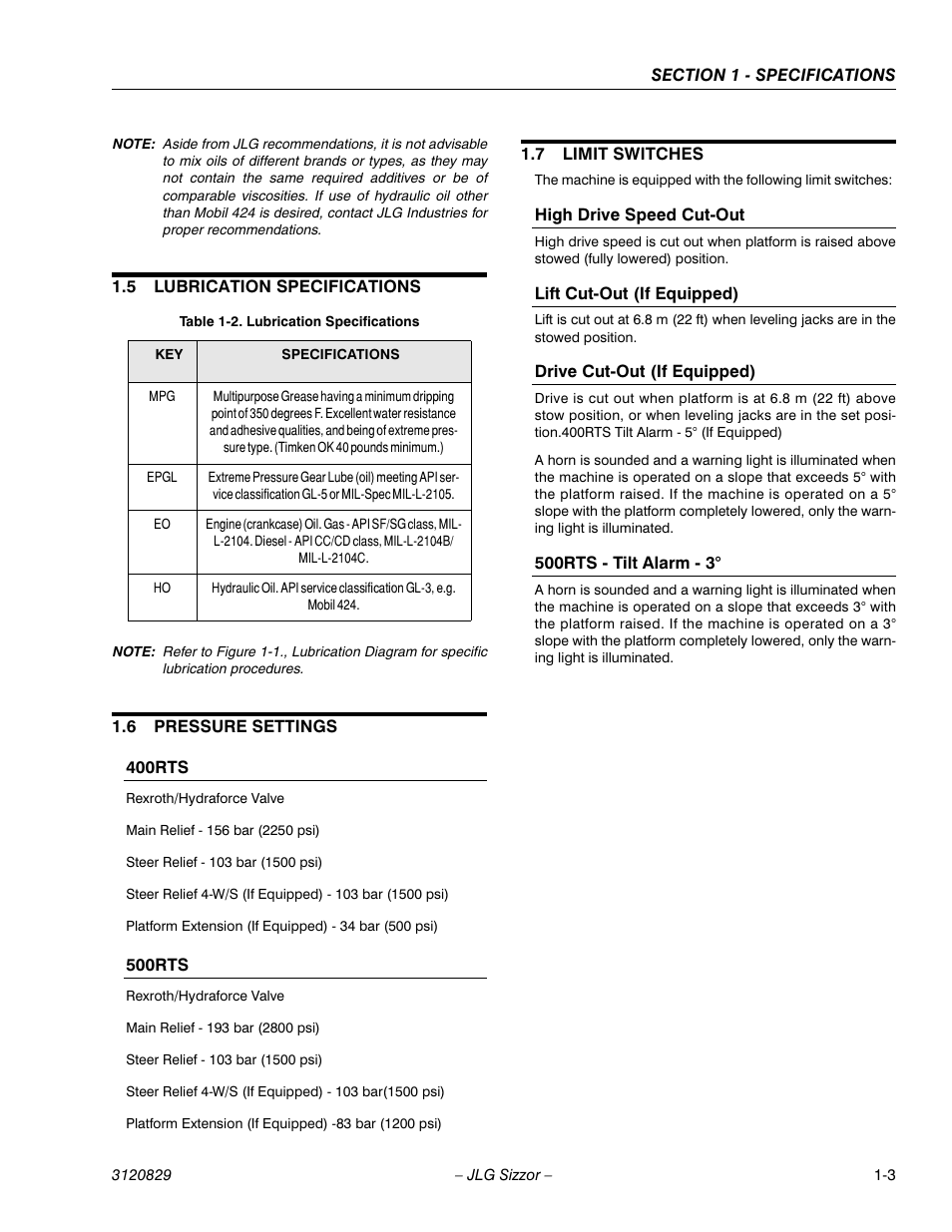 5 lubrication specifications, 6 pressure settings, 400rts | 500rts, 7 limit switches, High drive speed cut-out, Lift cut-out (if equipped), Drive cut-out (if equipped), 500rts - tilt alarm - 3, Lubrication specifications -3 | JLG 500RTS Service Manual User Manual | Page 11 / 100