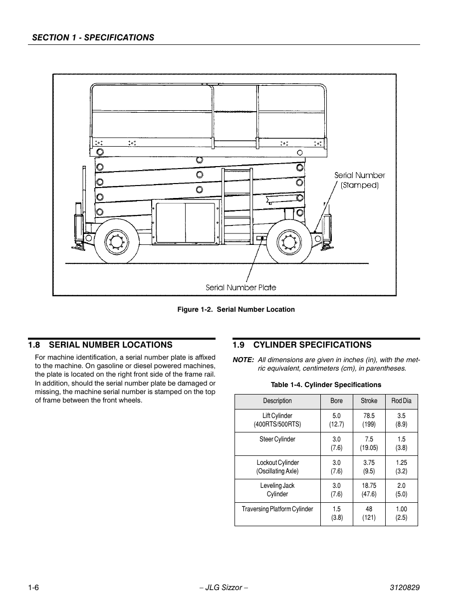 8 serial number locations, 9 cylinder specifications, Serial number locations -6 | Cylinder specifications -6, Serial number location -6 | JLG 500RTS Service Manual User Manual | Page 14 / 100