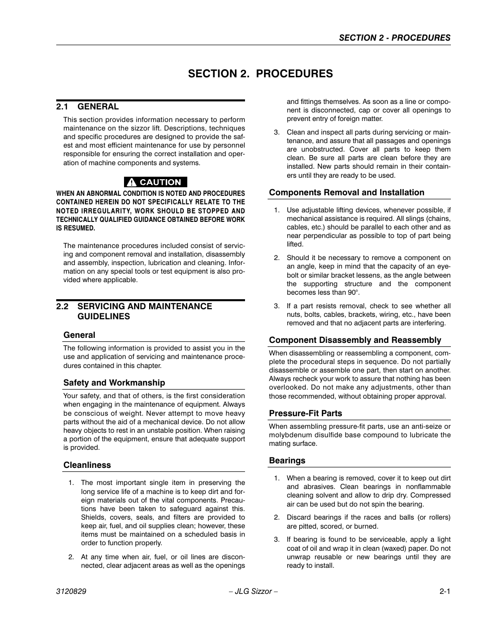 Section 2. procedures, 1 general, 2 servicing and maintenance guidelines | General, Safety and workmanship, Cleanliness, Components removal and installation, Component disassembly and reassembly, Pressure-fit parts, Bearings | JLG 500RTS Service Manual User Manual | Page 17 / 100