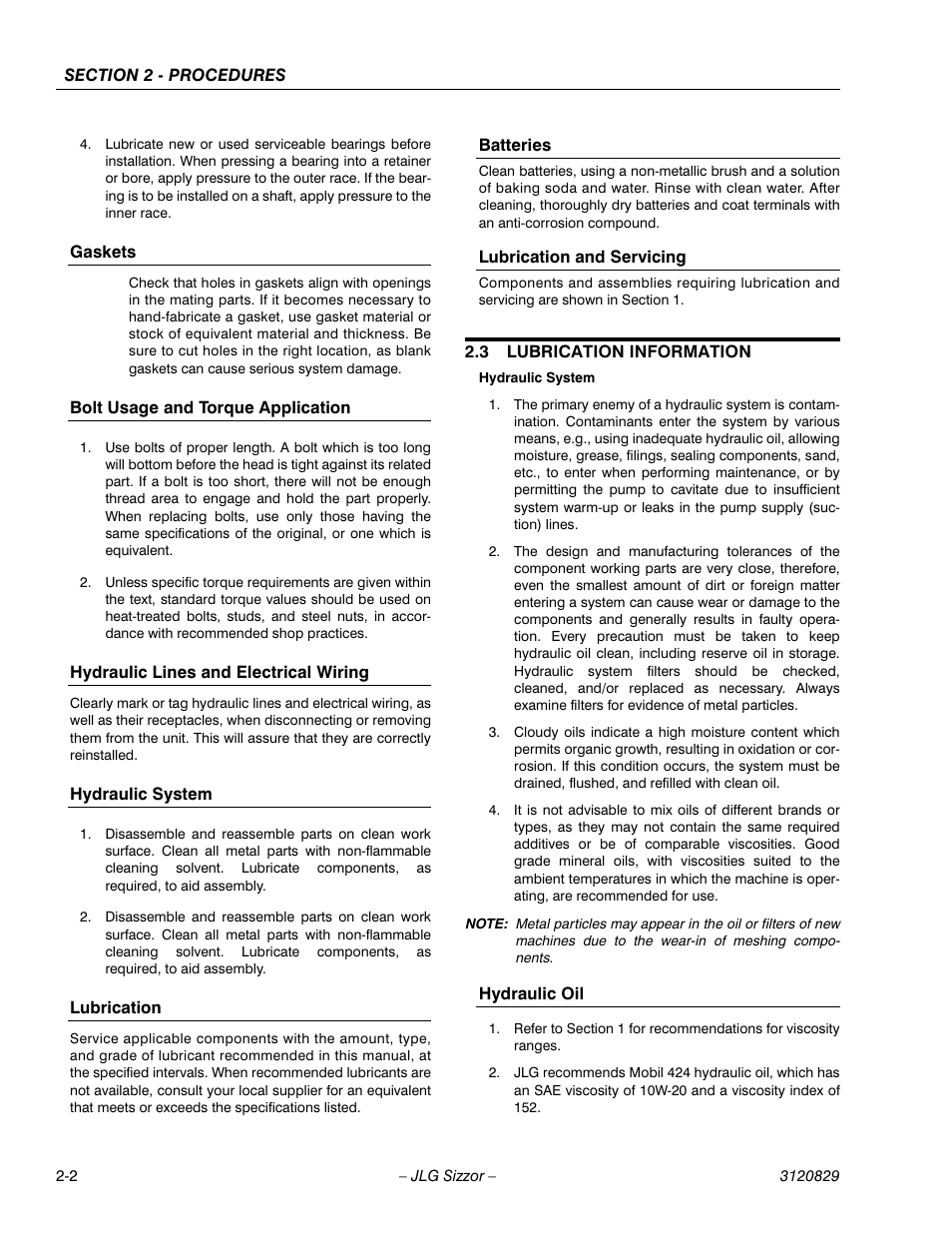 Gaskets, Bolt usage and torque application, Hydraulic lines and electrical wiring | Hydraulic system, Lubrication, Batteries, Lubrication and servicing, 3 lubrication information, Hydraulic oil, Lubrication information -2 | JLG 500RTS Service Manual User Manual | Page 18 / 100