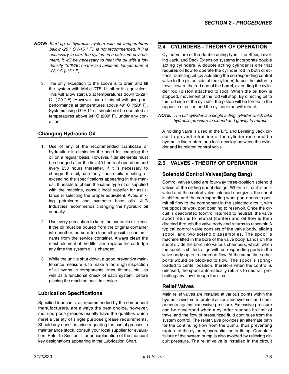 Changing hydraulic oil, Lubrication specifications, 4 cylinders - theory of operation | 5 valves - theory of operation, Solenoid control valves(bang bang), Relief valves, Cylinders - theory of operation -3, Valves - theory of operation -3 | JLG 500RTS Service Manual User Manual | Page 19 / 100