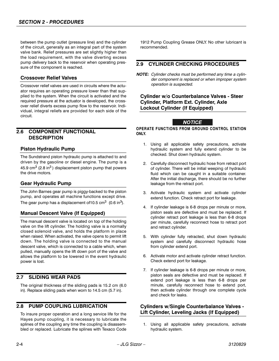 Crossover relief valves, 6 component functional description, Piston hydraulic pump | Gear hydraulic pump, Manual descent valve (if equipped), 7 sliding wear pads, 8 pump coupling lubrication, 9 cylinder checking procedures, Component functional description -4, Sliding wear pads -4 | JLG 500RTS Service Manual User Manual | Page 20 / 100