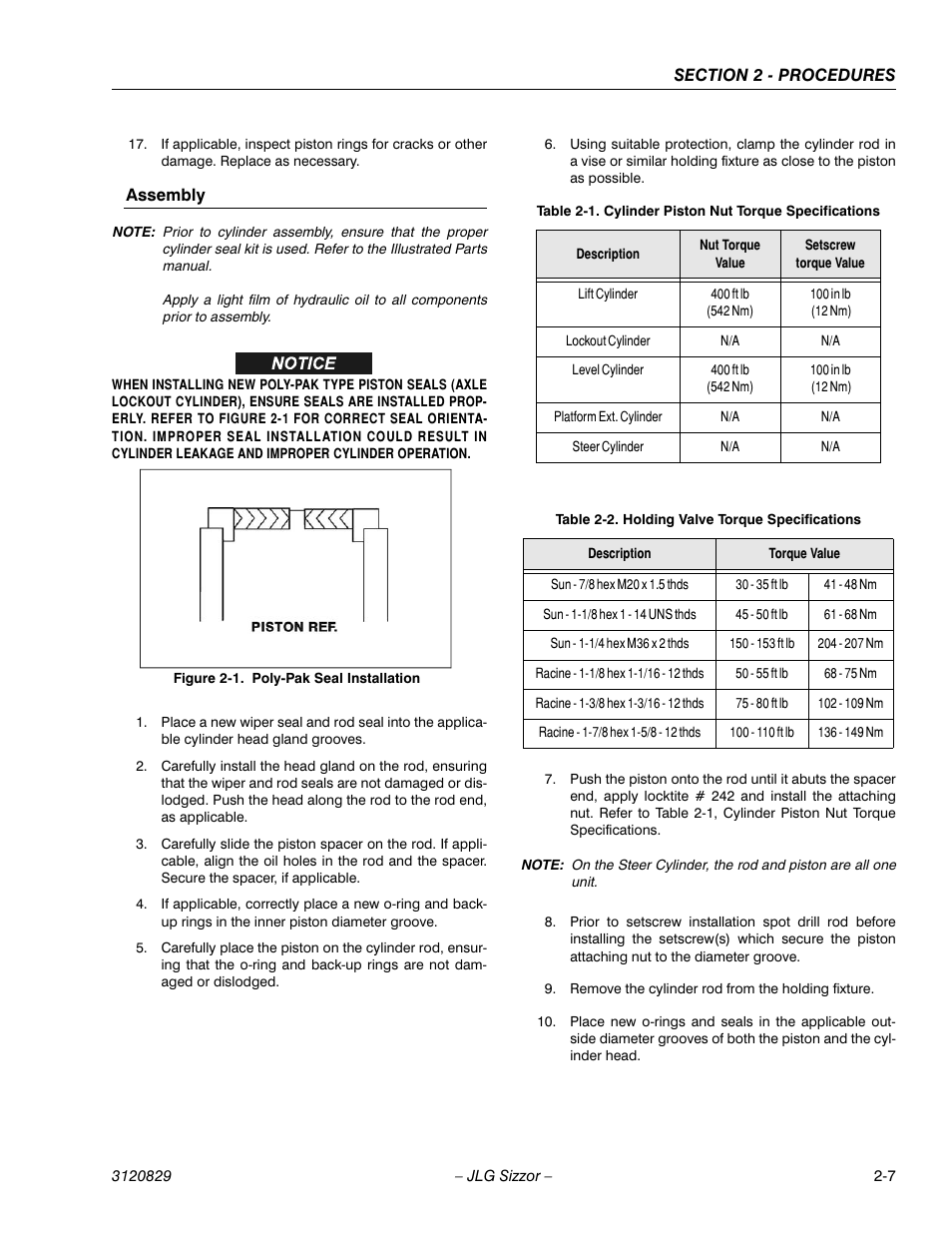 Assembly, Poly-pak seal installation -7, Cylinder piston nut torque specifications -7 | Holding valve torque specifications -7 | JLG 500RTS Service Manual User Manual | Page 23 / 100