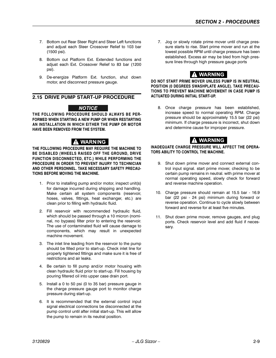 15 drive pump start-up procedure, Drive pump start-up procedure -9 | JLG 500RTS Service Manual User Manual | Page 25 / 100