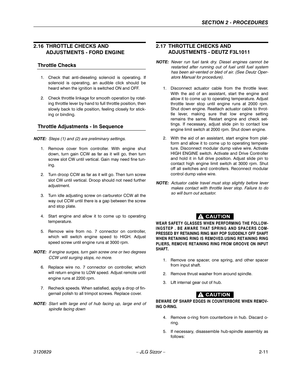 16 throttle checks and adjustments - ford engine, Throttle checks, Throttle adjustments - in sequence | 17 throttle checks and adjustments - deutz f3l1011, Throttle checks and adjustments - ford engine -11 | JLG 500RTS Service Manual User Manual | Page 27 / 100