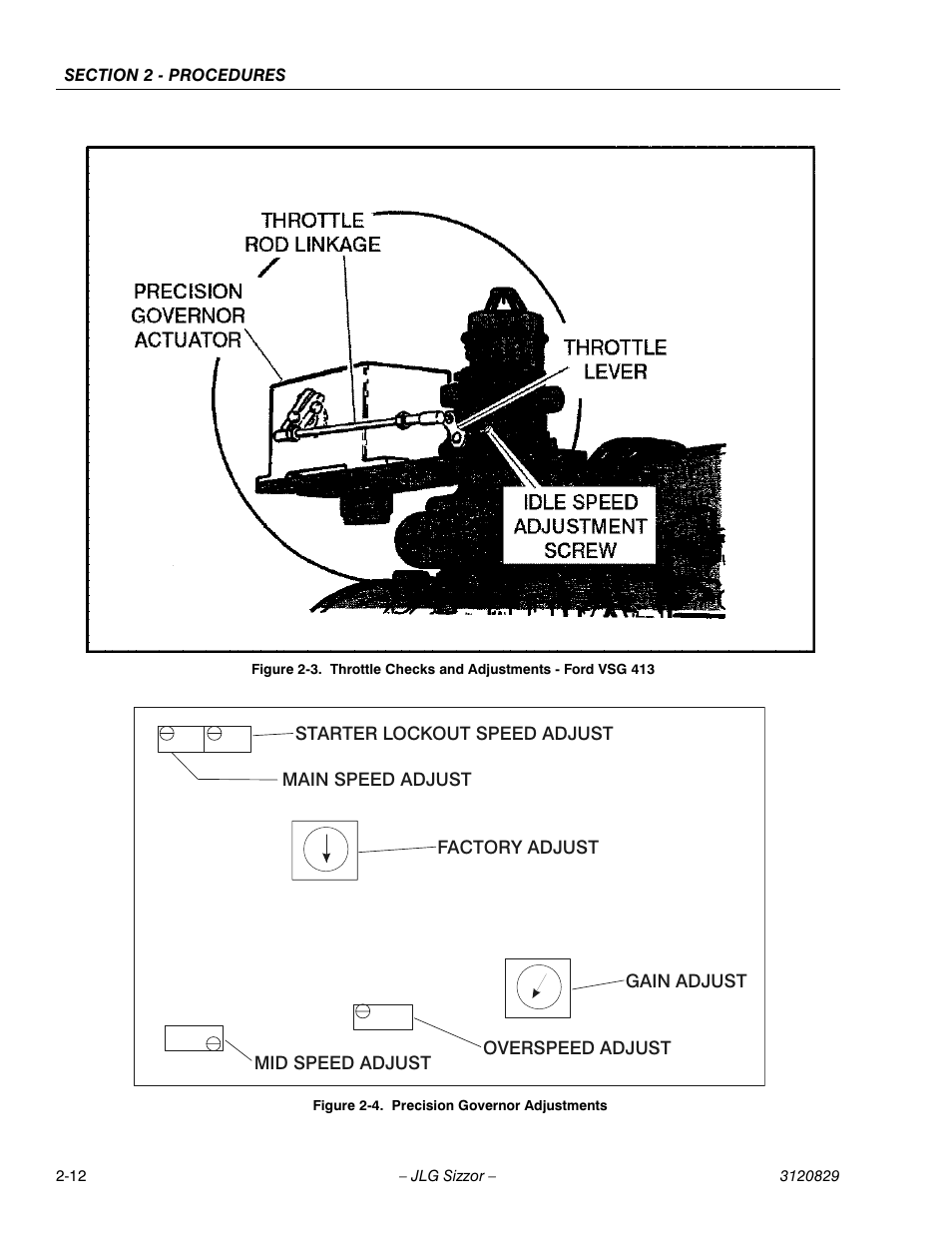 Throttle checks and adjustments - ford vsg 413 -12, Precision governor adjustments -12 | JLG 500RTS Service Manual User Manual | Page 28 / 100