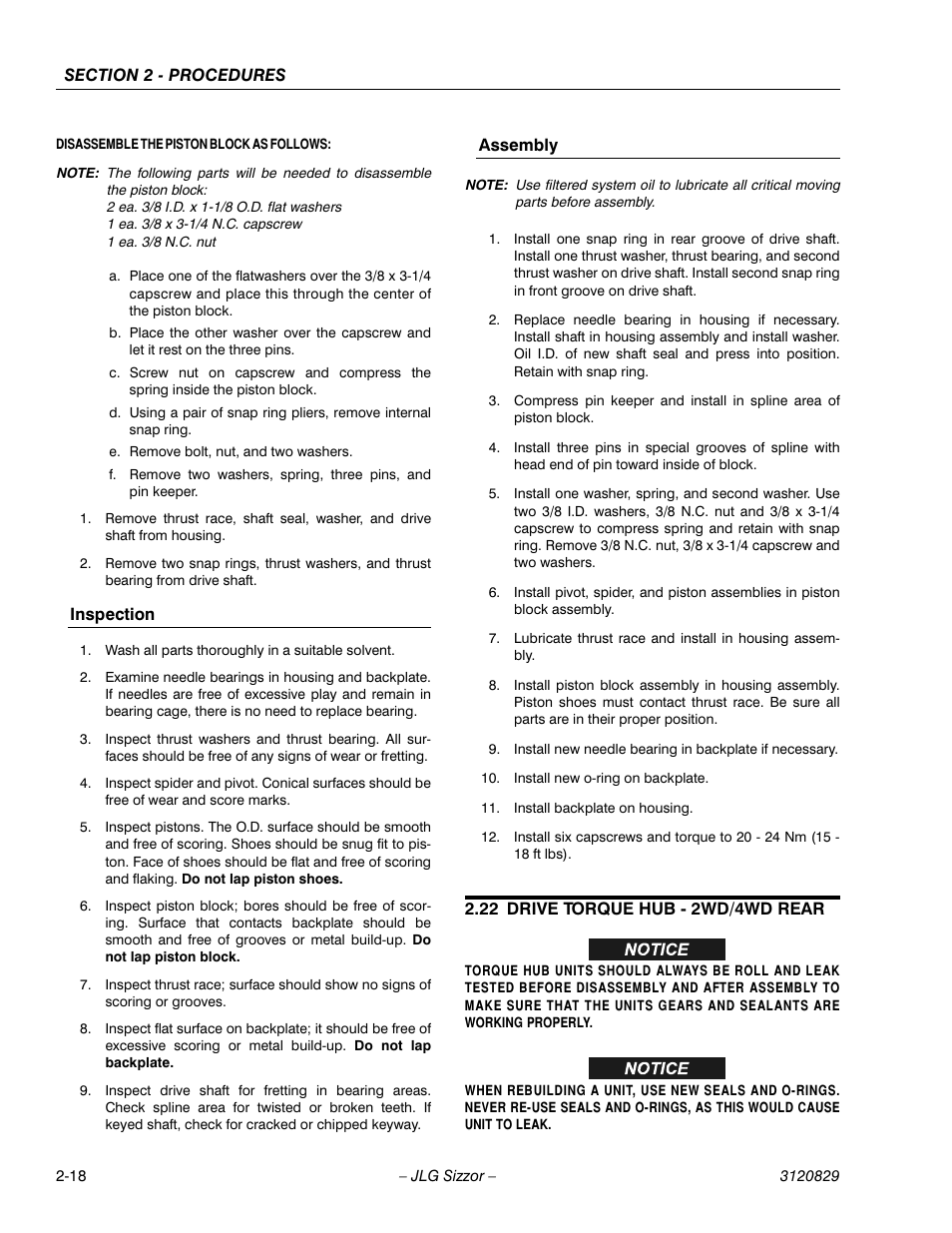 Inspection, Assembly, 22 drive torque hub - 2wd/4wd rear | Drive torque hub - 2wd/4wd rear -18 | JLG 500RTS Service Manual User Manual | Page 34 / 100