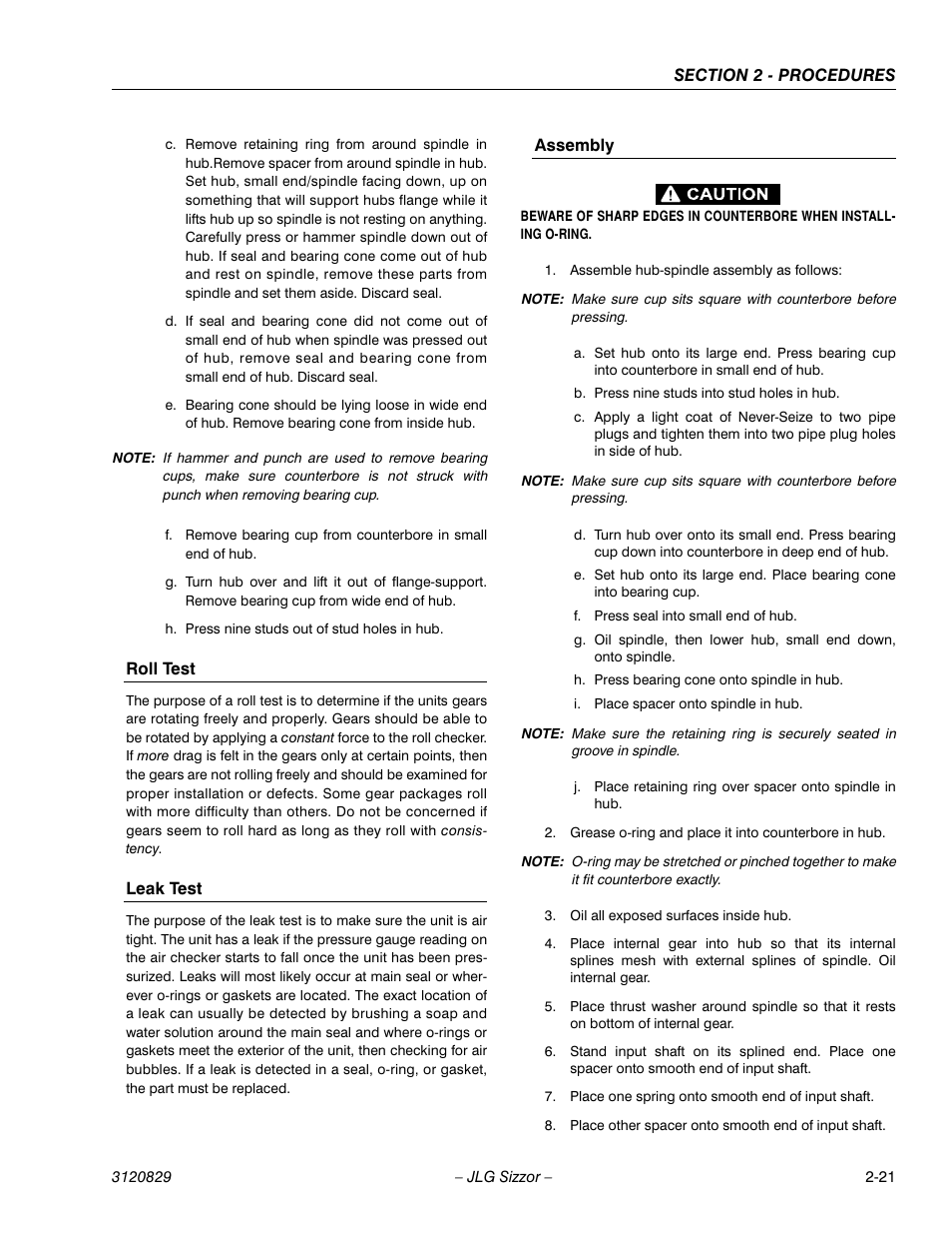 Roll test, Leak test, Assembly | JLG 500RTS Service Manual User Manual | Page 37 / 100