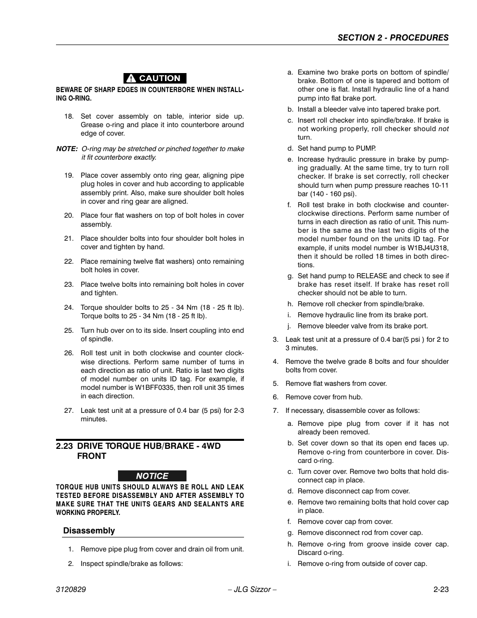 23 drive torque hub/brake - 4wd front, Disassembly, Drive torque hub/brake - 4wd front -23 | JLG 500RTS Service Manual User Manual | Page 39 / 100