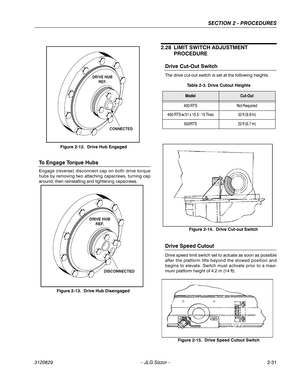 To engage torque hubs, 28 limit switch adjustment procedure, Drive cut-out switch | Drive speed cutout, Limit switch adjustment procedure -31, Drive hub engaged -31, Drive hub disengaged -31, Drive cut-out switch -31, Drive speed cutout switch -31, Drive cutout heights -31 | JLG 500RTS Service Manual User Manual | Page 47 / 100
