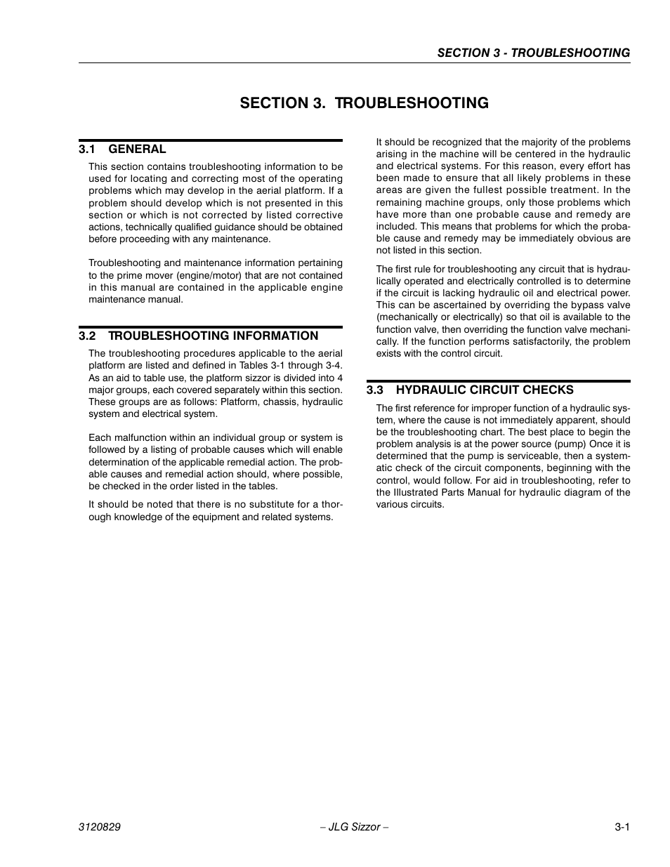 Section 3. troubleshooting, 1 general, 2 troubleshooting information | 3 hydraulic circuit checks, Section 3 - troubleshooting, General -1, Troubleshooting information -1, Hydraulic circuit checks -1 | JLG 500RTS Service Manual User Manual | Page 51 / 100