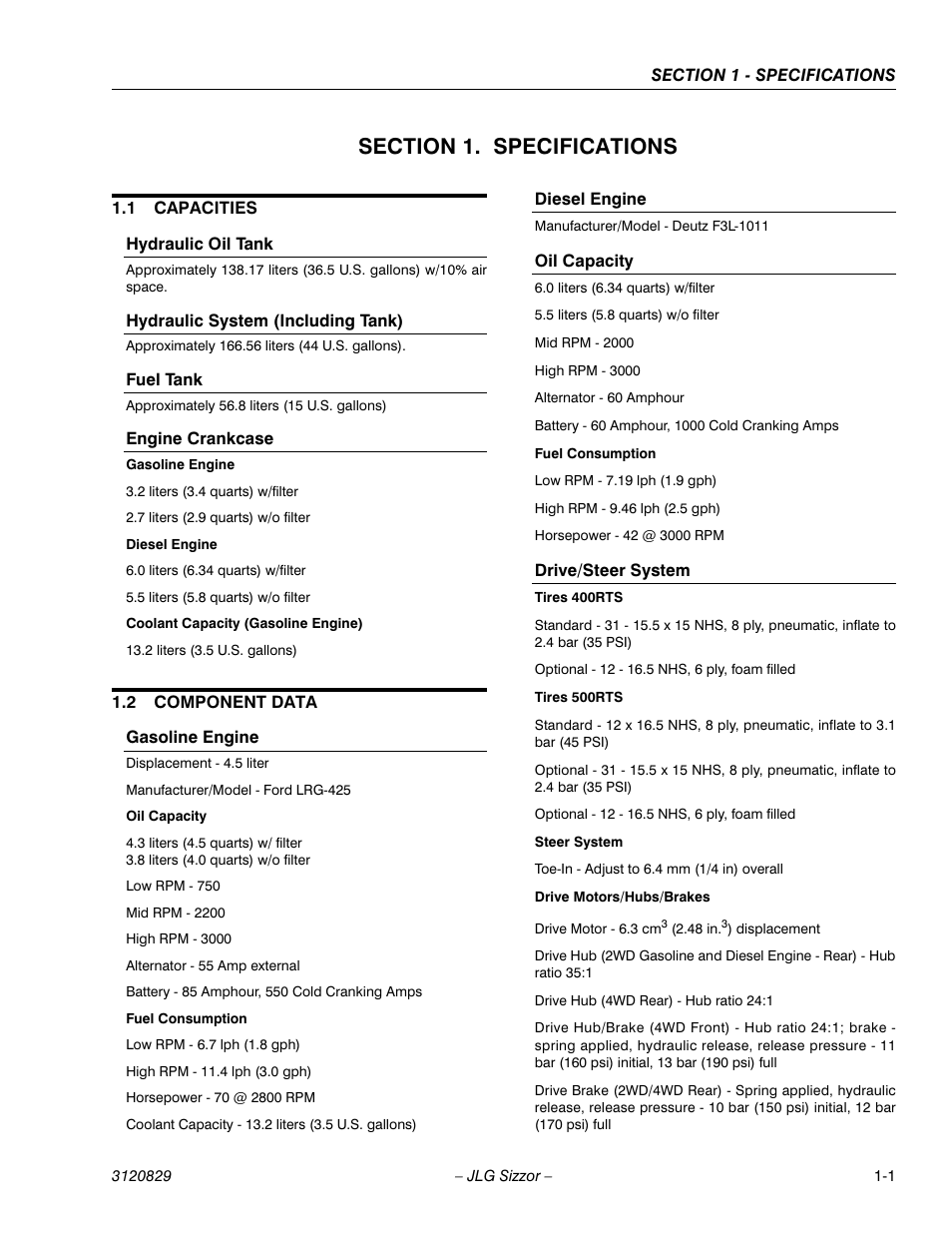 Section 1. specifications, 1 capacities, Hydraulic oil tank | Hydraulic system (including tank), Fuel tank, Engine crankcase, 2 component data, Gasoline engine, Diesel engine, Oil capacity | JLG 500RTS Service Manual User Manual | Page 9 / 100