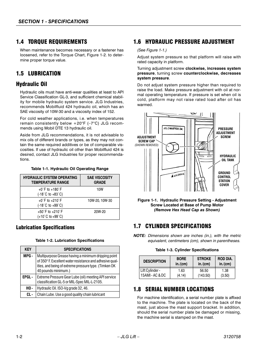 4 torque requirements, 5 lubrication, Hydraulic oil | Lubrication specifications, 6 hydraulic pressure adjustment, 7 cylinder specifications, 8 serial number locations, Torque requirements -2, Lubrication -2, Hydraulic oil -2 lubrication specifications -2 | JLG 19AMI (3120758) Service Manual User Manual | Page 12 / 68