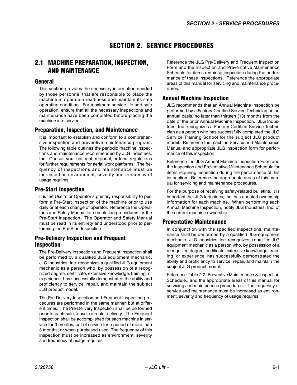 Section 2. service procedures, 1 machine preparation, inspection, and maintenance, General | Preparation, inspection, and maintenance, Pre-start inspection, Pre-delivery inspection and frequent inspection, Annual machine inspection, Preventative maintenance, Section 2 - service procedures | JLG 19AMI (3120758) Service Manual User Manual | Page 15 / 68