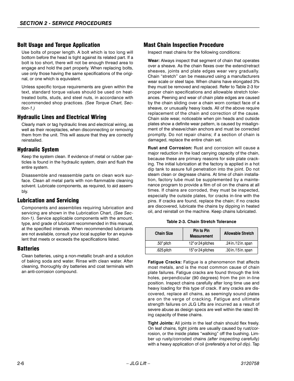 Bolt usage and torque application, Hydraulic lines and electrical wiring, Hydraulic system | Lubrication and servicing, Batteries, Mast chain inspection procedure, Chain stretch tolerance -6 | JLG 19AMI (3120758) Service Manual User Manual | Page 20 / 68