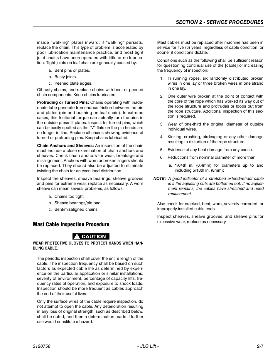 Mast cable inspection procedure, Mast cable inspection procedure -7 | JLG 19AMI (3120758) Service Manual User Manual | Page 21 / 68
