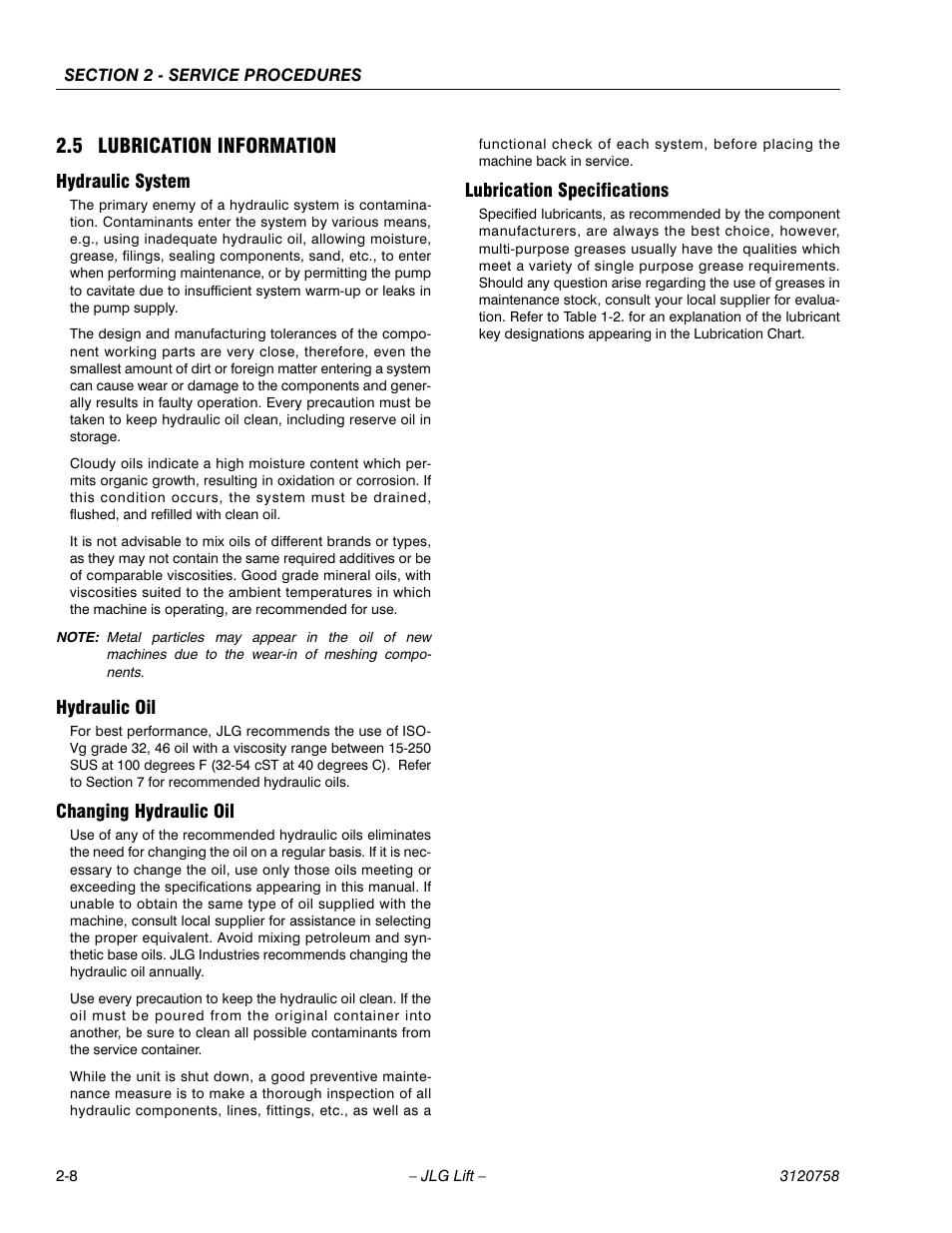 5 lubrication information, Hydraulic system, Hydraulic oil | Changing hydraulic oil, Lubrication specifications, Lubrication information -8 | JLG 19AMI (3120758) Service Manual User Manual | Page 22 / 68
