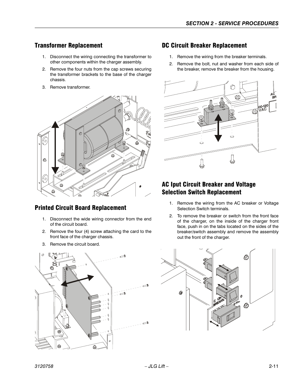 Transformer replacement, Printed circuit board replacement, Dc circuit breaker replacement | JLG 19AMI (3120758) Service Manual User Manual | Page 25 / 68