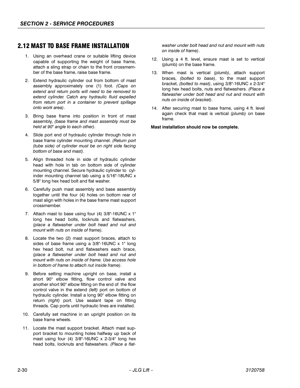 12 mast to base frame installation, 12 mast to base frame installation -30 | JLG 19AMI (3120758) Service Manual User Manual | Page 44 / 68