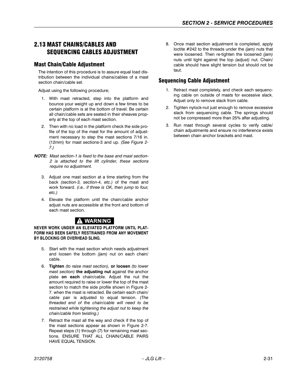 Mast chain/cable adjustment, Sequencing cable adjustment | JLG 19AMI (3120758) Service Manual User Manual | Page 45 / 68