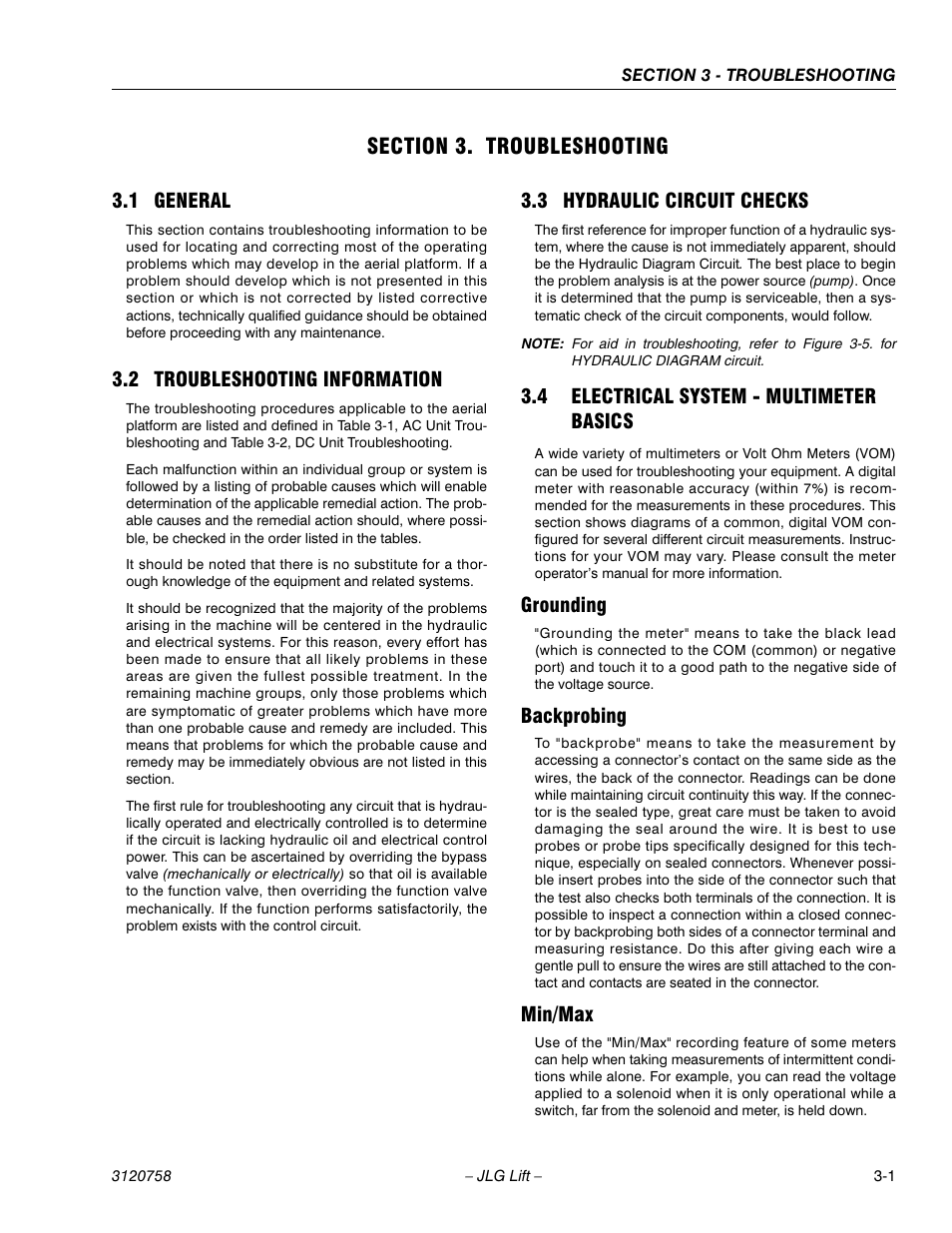 Section 3. troubleshooting, 1 general, 2 troubleshooting information | 3 hydraulic circuit checks, 4 electrical system - multimeter basics, Grounding, Backprobing, Min/max, Section 3 - troubleshooting, General -1 | JLG 19AMI (3120758) Service Manual User Manual | Page 49 / 68