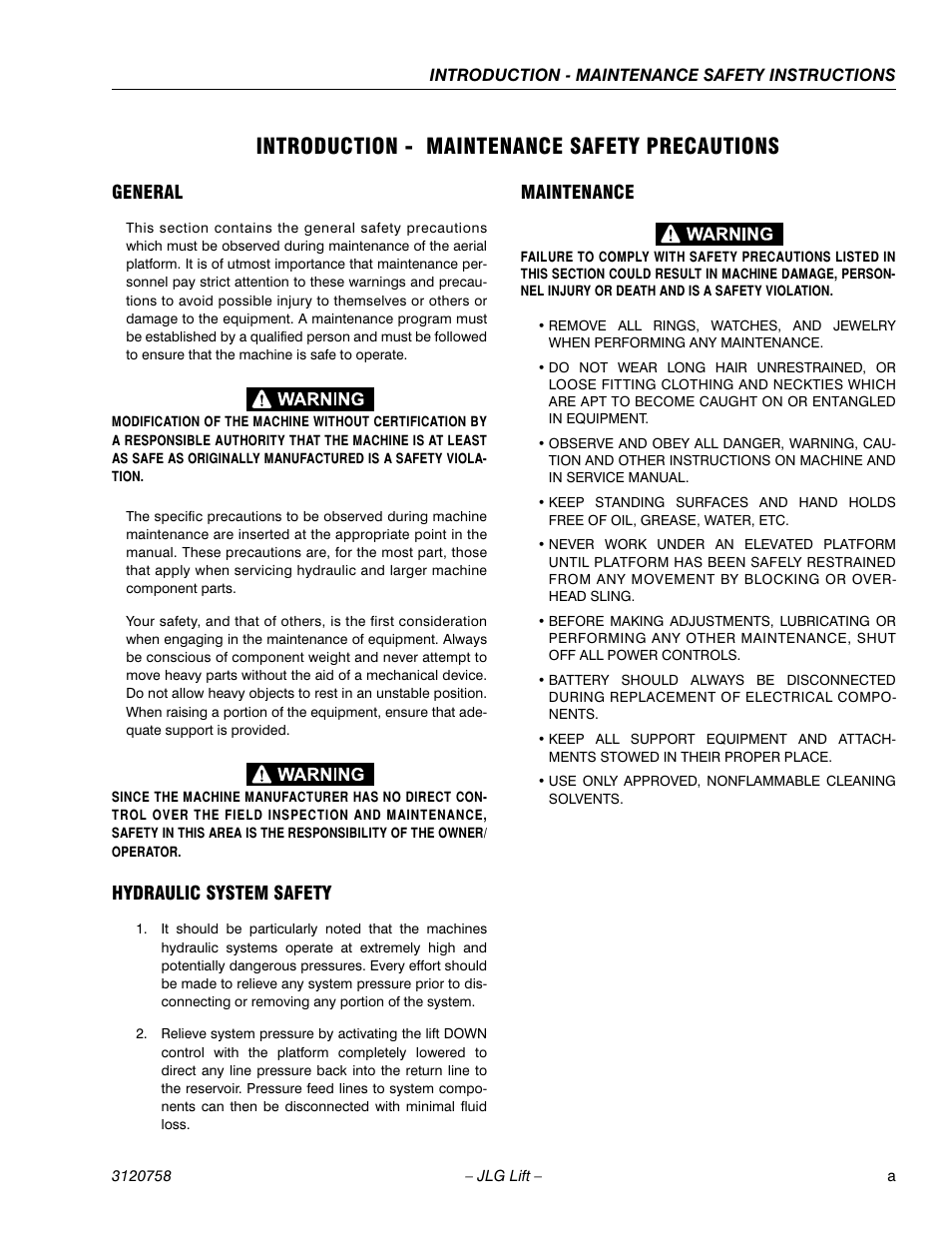 Introduction - maintenance safety precautions, General, Hydraulic system safety | Maintenance | JLG 19AMI (3120758) Service Manual User Manual | Page 5 / 68