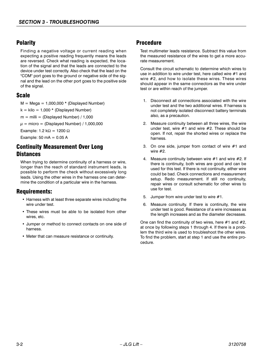 Polarity, Scale, Continuity measurement over long distances | Requirements, Procedure | JLG 19AMI (3120758) Service Manual User Manual | Page 50 / 68