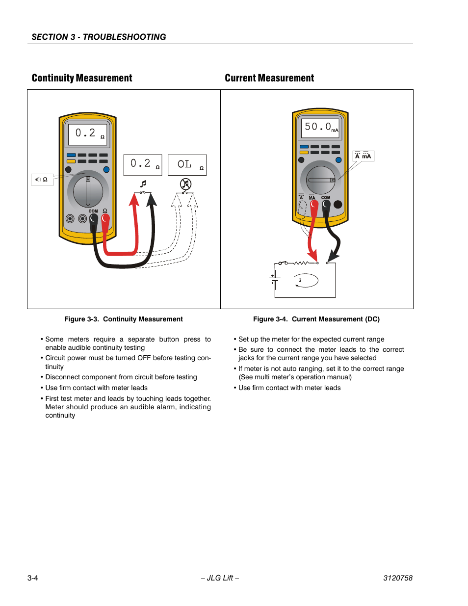 Continuity measurement -4, Current measurement (dc) -4, Continuity measurement current measurement | JLG 19AMI (3120758) Service Manual User Manual | Page 52 / 68