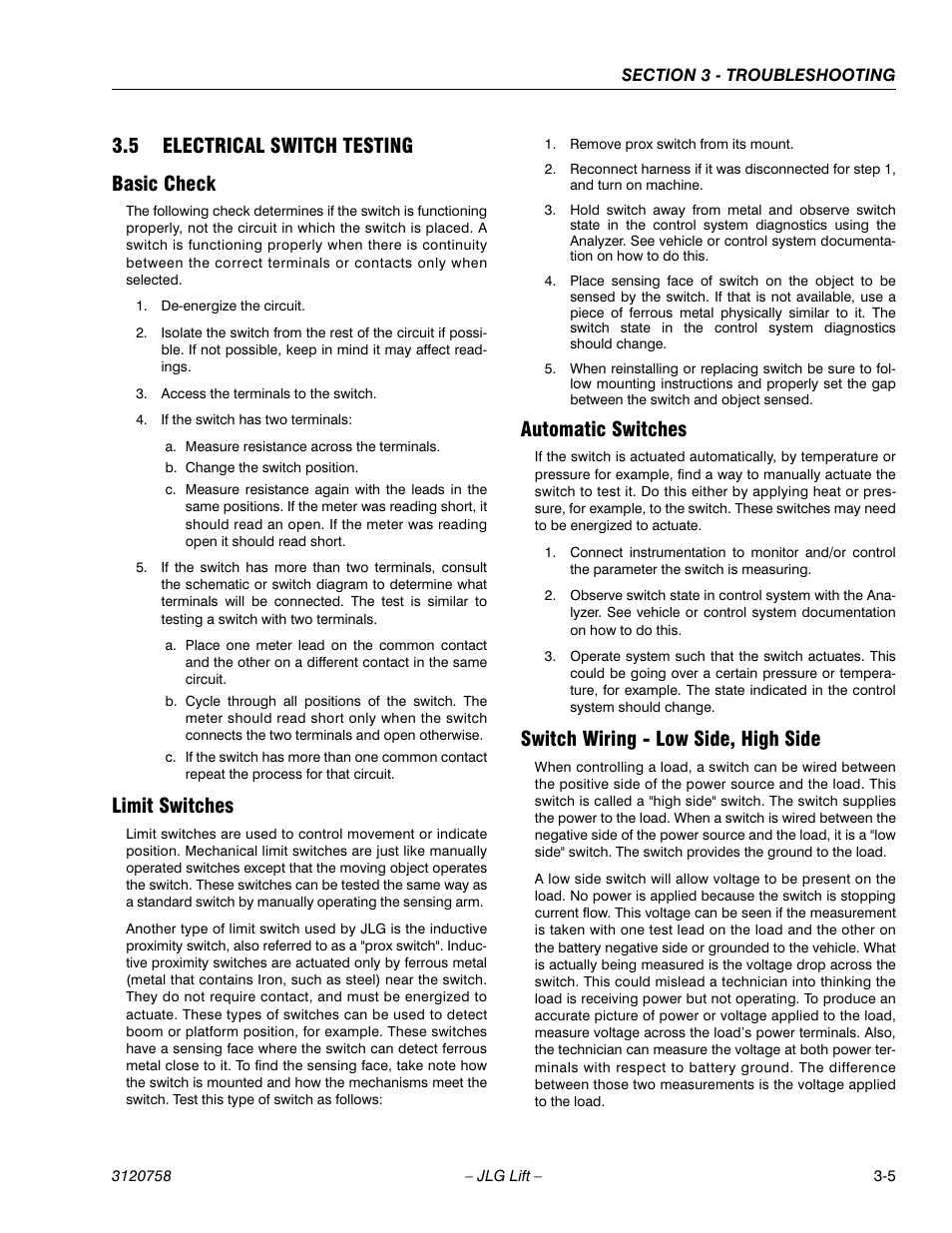 5 electrical switch testing, Basic check, Limit switches | Automatic switches, Switch wiring - low side, high side, Electrical switch testing -5, 5 electrical switch testing basic check | JLG 19AMI (3120758) Service Manual User Manual | Page 53 / 68