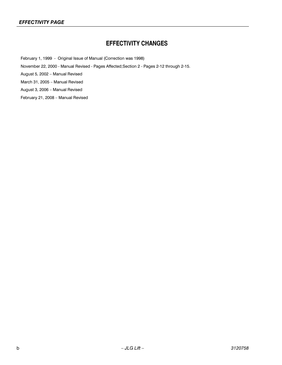 Effectivity changes | JLG 19AMI (3120758) Service Manual User Manual | Page 6 / 68