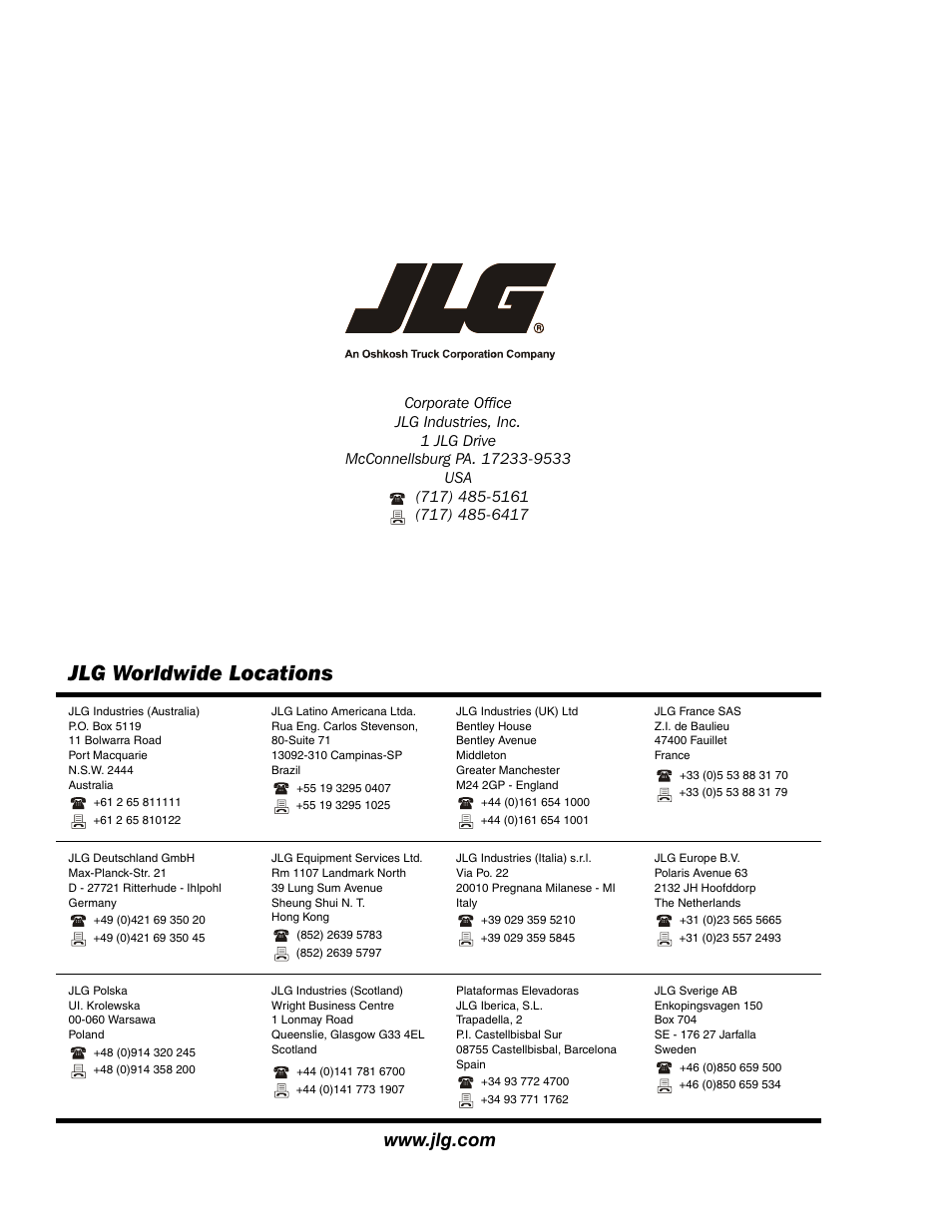 Jlg worldwide locations | JLG 19AMI (3120758) Service Manual User Manual | Page 68 / 68