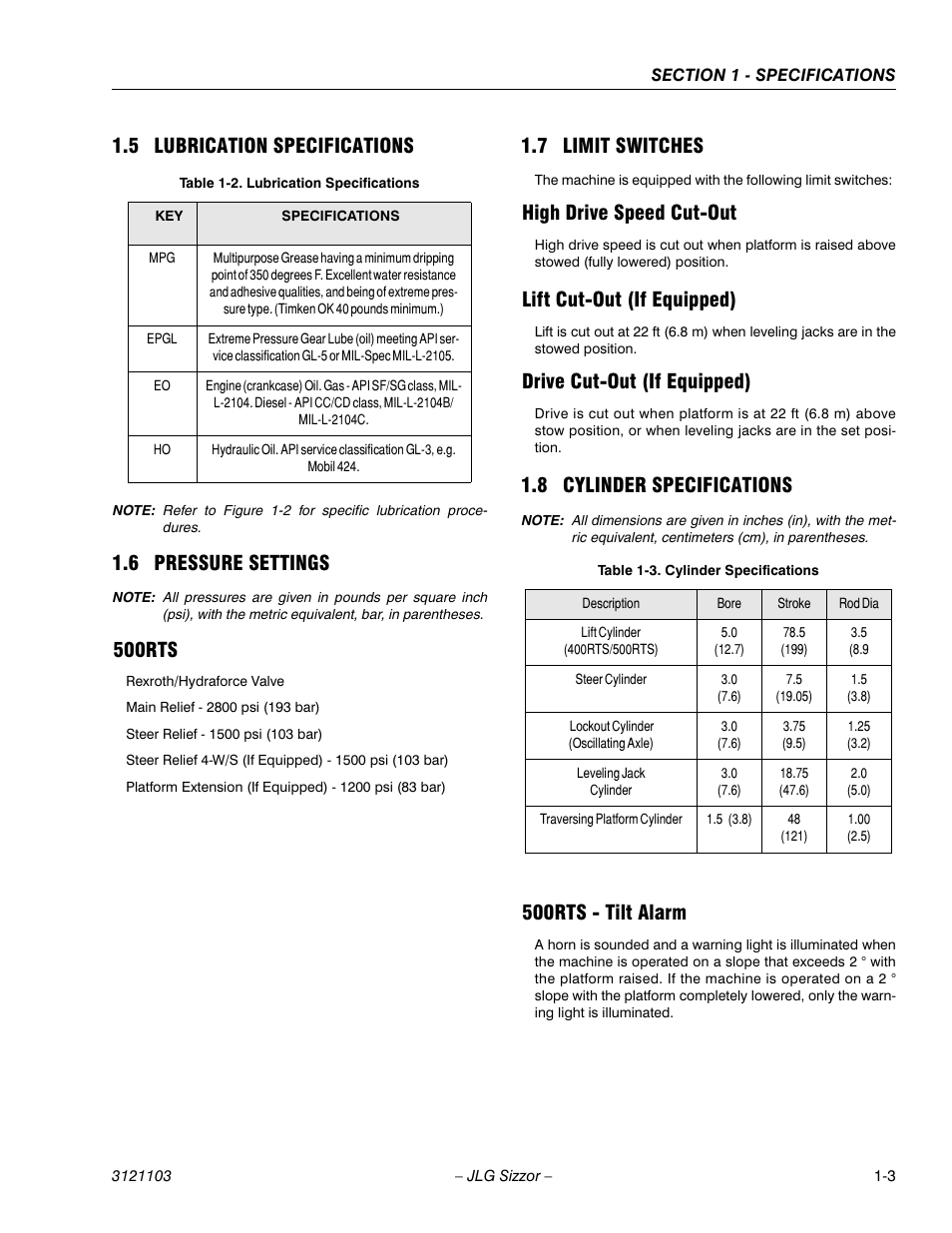 5 lubrication specifications, 6 pressure settings, 500rts | 7 limit switches, High drive speed cut-out, Lift cut-out (if equipped), Drive cut-out (if equipped), 8 cylinder specifications, 500rts - tilt alarm, Lubrication specifications -3 | JLG 500RTS ANSI Service Manual User Manual | Page 11 / 80