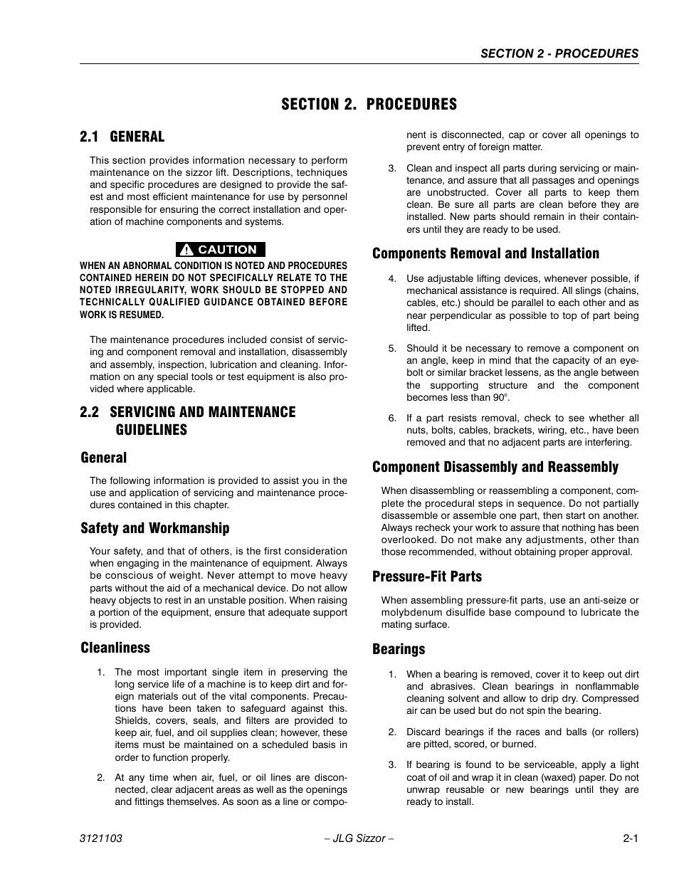 Section 2. procedures, 1 general, 2 servicing and maintenance guidelines | General, Safety and workmanship, Cleanliness, Components removal and installation, Component disassembly and reassembly, Pressure-fit parts, Bearings | JLG 500RTS ANSI Service Manual User Manual | Page 17 / 80
