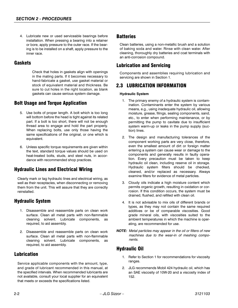 Gaskets, Bolt usage and torque application, Hydraulic lines and electrical wiring | Hydraulic system, Lubrication, Batteries, Lubrication and servicing, 3 lubrication information, Hydraulic oil, Lubrication information -2 | JLG 500RTS ANSI Service Manual User Manual | Page 18 / 80