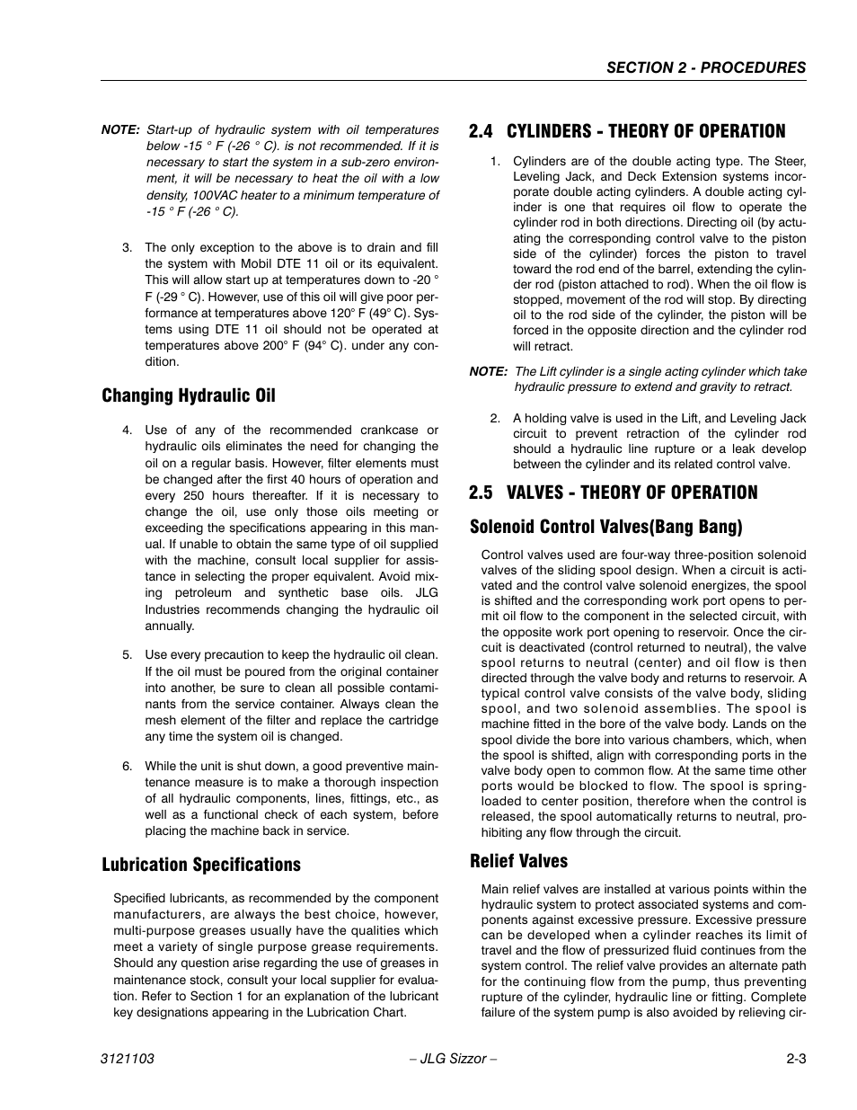 Changing hydraulic oil, Lubrication specifications, 4 cylinders - theory of operation | 5 valves - theory of operation, Solenoid control valves(bang bang), Relief valves, Cylinders - theory of operation -3, Valves - theory of operation -3 | JLG 500RTS ANSI Service Manual User Manual | Page 19 / 80