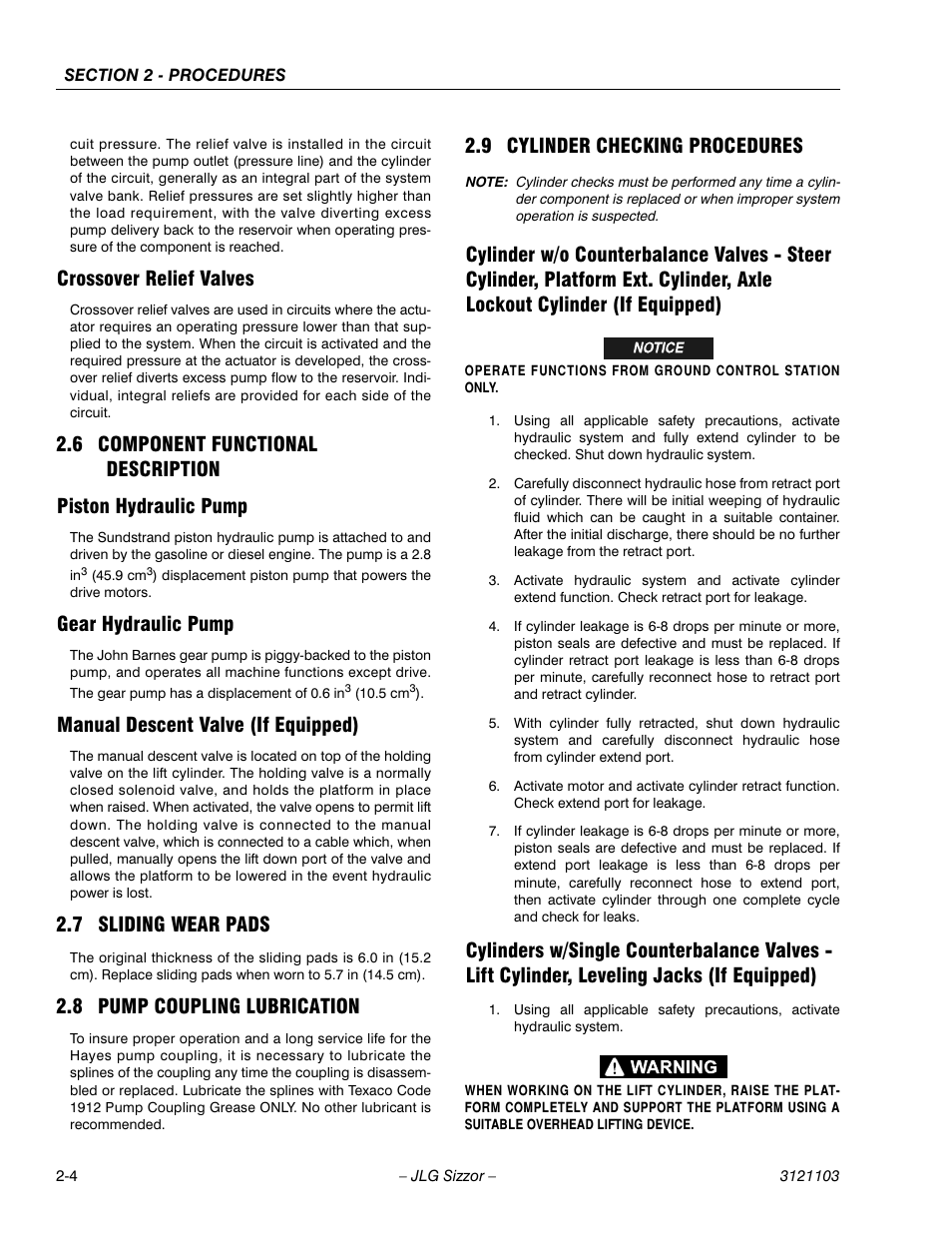 Crossover relief valves, 6 component functional description, Piston hydraulic pump | Gear hydraulic pump, Manual descent valve (if equipped), 7 sliding wear pads, 8 pump coupling lubrication, 9 cylinder checking procedures, Component functional description -4, Sliding wear pads -4 | JLG 500RTS ANSI Service Manual User Manual | Page 20 / 80