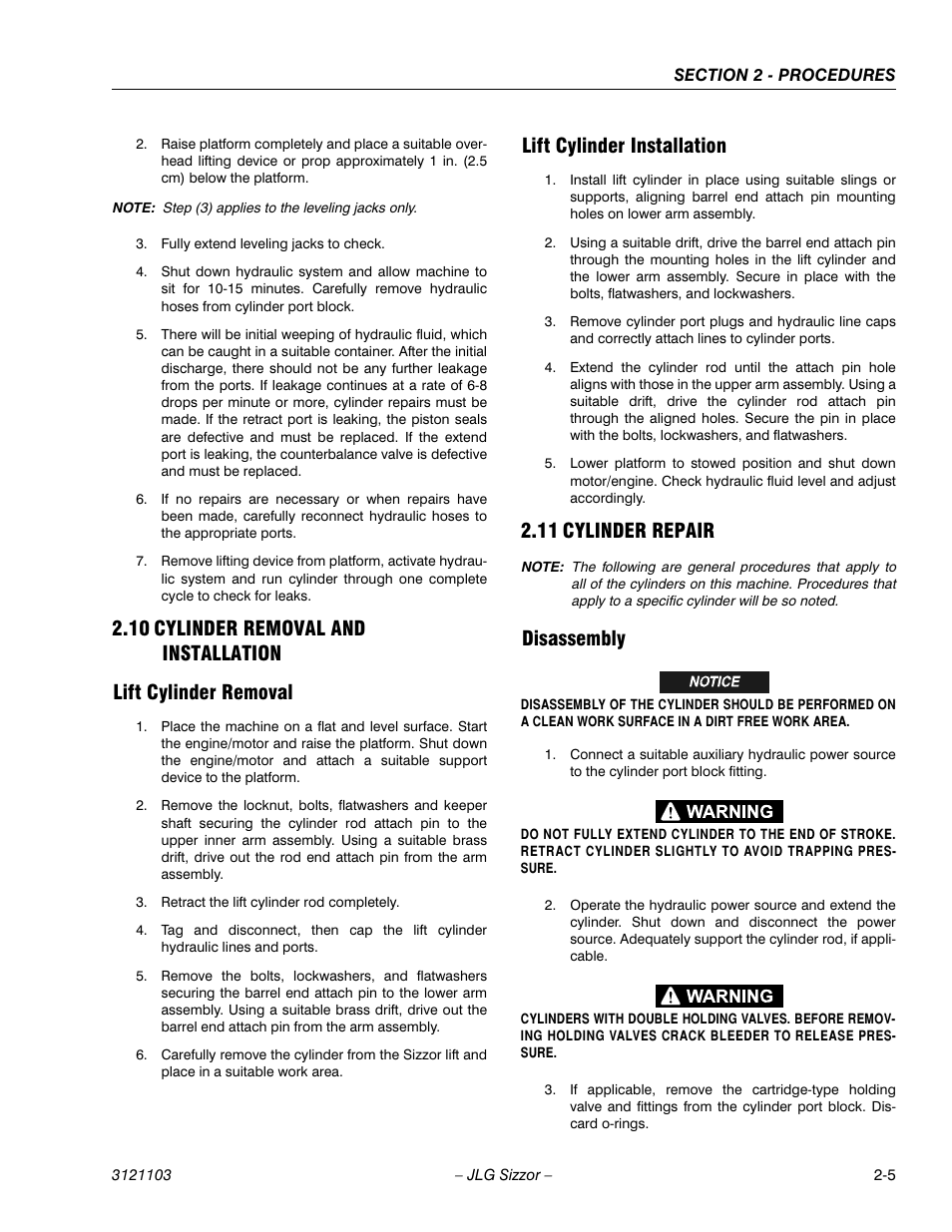 10 cylinder removal and installation, Lift cylinder removal, Lift cylinder installation | 11 cylinder repair, Disassembly, Cylinder removal and installation -5, Cylinder repair -5 | JLG 500RTS ANSI Service Manual User Manual | Page 21 / 80